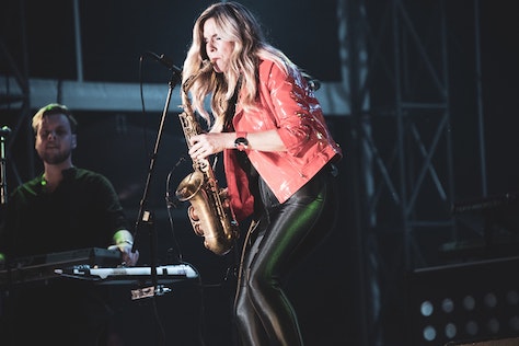 Female saxophone player on stage
